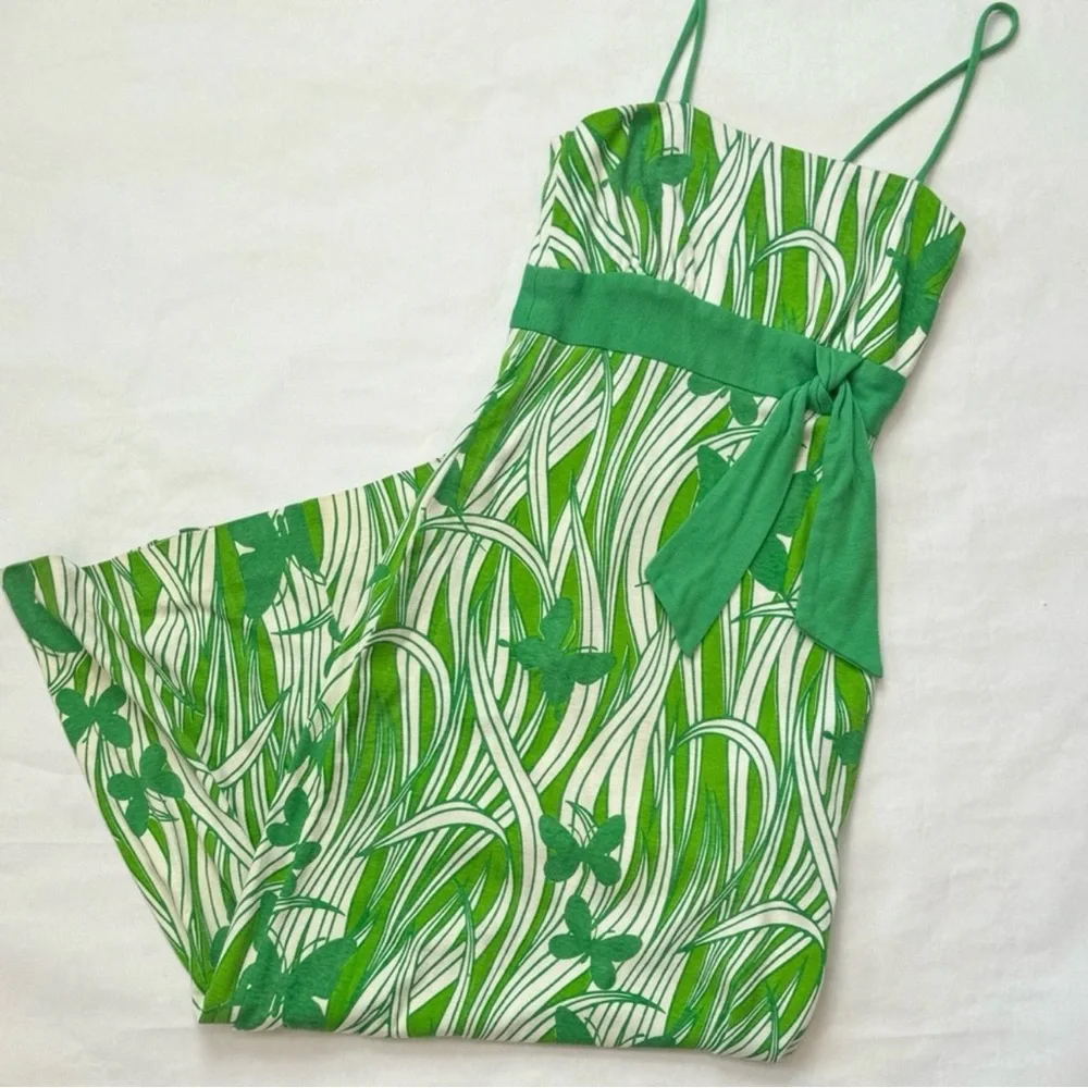 Miss Shaheen Vintage Hawaiian Butterfly Print Green Maxi Dress Column Gown 10 - Picture 2 of 12